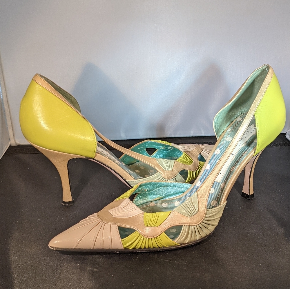 Christian LaCroix pointed toe cut out heel shoes 38-8US lime cream light blue